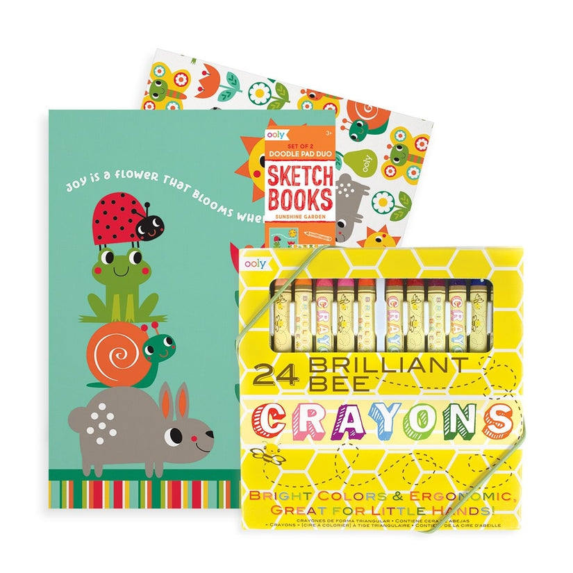 US stockist of Ooly's Giftable Busy Bee Gift Pack. Contains 2 Doodle Pad Duo Sketchpads and 24 pack of Brilliant Bee Crayons.
