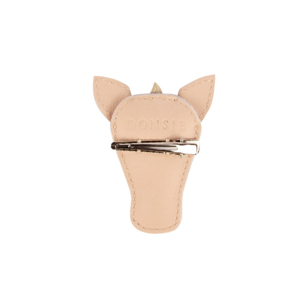 US stockist of Donsje's Josy Unicorn hair clip. Handmade from premium pink leather with a snap hair clip.