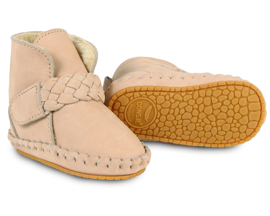 US stockist of Donsje's Powder pink nubuck baby shoes with Mace faux fur lining.  Velcro braided fastening - soft sole under 12mths.