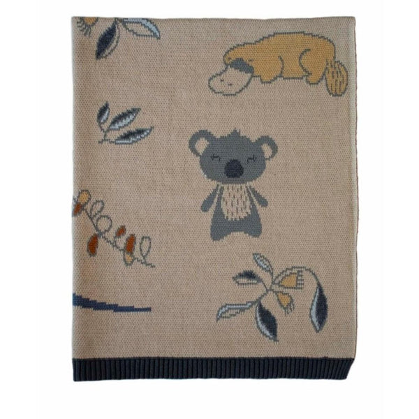 US stockist of Indus Design's "Outback" cotton blanket.  Features unique print of Australian animals such as koalas and platyus.