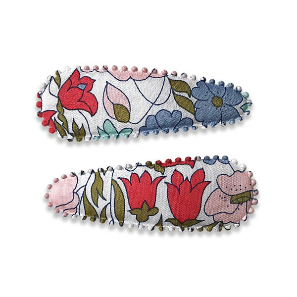US stockist of Josie Joan's Alix hair clip set.  Gorgeous white fabric with contrasting red, pink and blue flowers