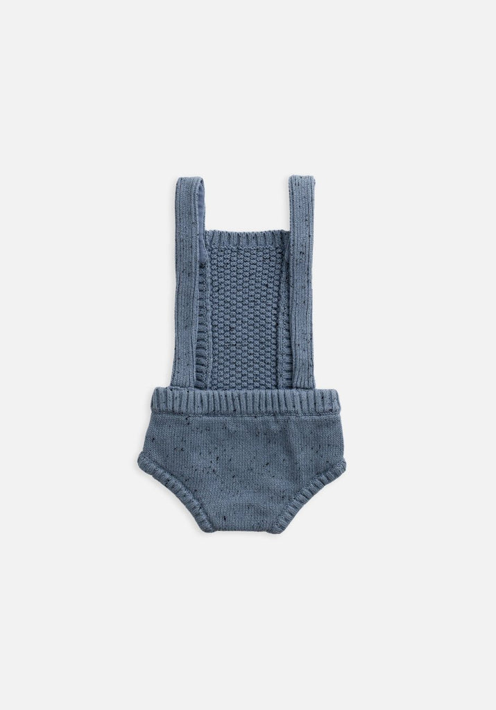 US stockist of Miann & Co's slate blue knit overalls. Gender neutral, made from 100% cotton with decorative wooden buttons.