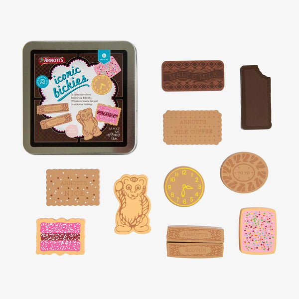 US stockist of Make Me Iconic's Australian Arnott's biscuit tin.  Contains 10pc wooden pretend play biscuits; perfect for tea parties.