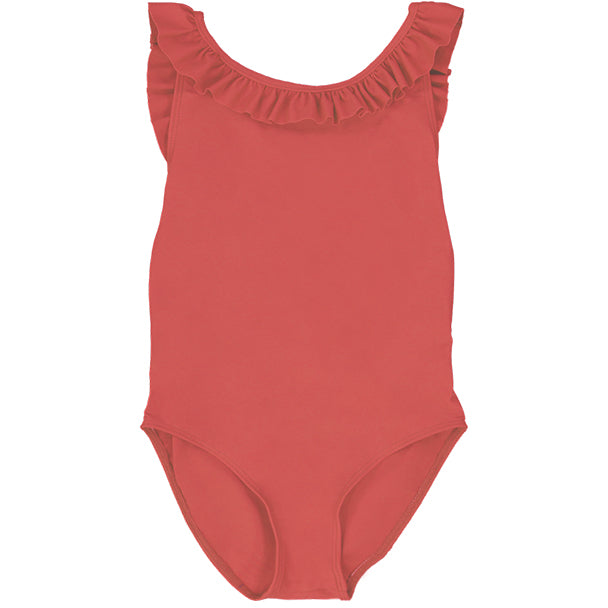 US stockist of Canopea's Grenada Red Alba ruffle neck and cross back swimsuit made from recycled UPF50 fabric.
