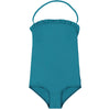 US stockist of Canopea's Bari Green halterneck swimsuit with ruffle at neck and back.  Made from recycled UPF 50 fabric.