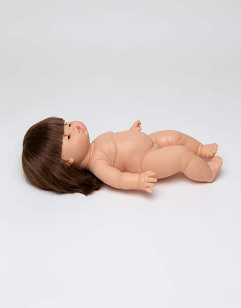 US stockist of Minikane's "Sleepy Chloe" girl doll.  Measures 13" in height and has moveable limbs.  Anatomically correct and features straight brown hair with bangs, white skin and brown eyes that close.
