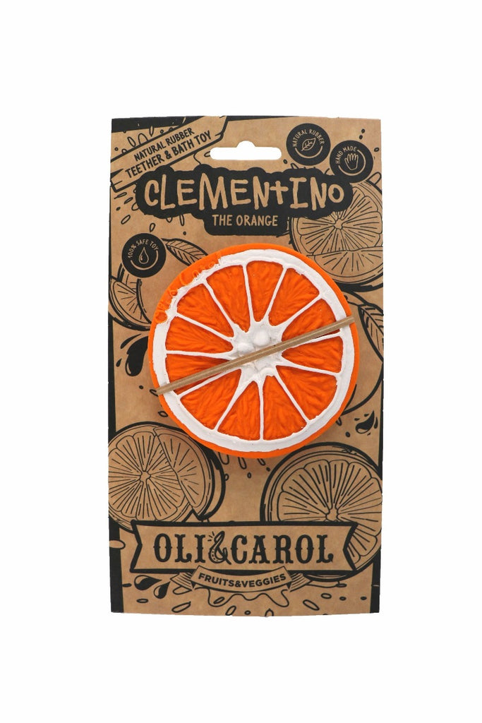 US stockist of Oli & Carol's Clementino the orange teether/bath toy. Made from 100% natural sustainable rubber with no holes.