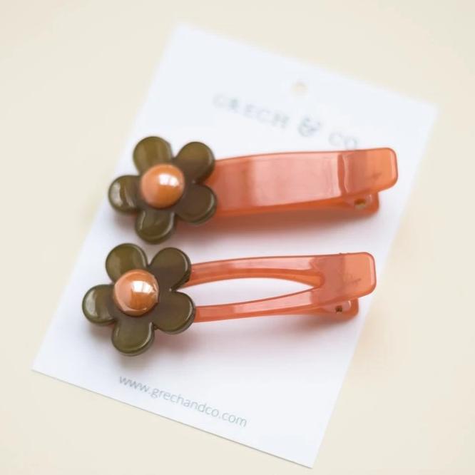 US Stockist of Grech & Co 2Pc Flower Child Hair Clip in Chocolate Brown + Blush