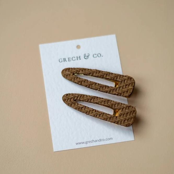 US stockist of Grech & Co 2Pc Woven Hair Clips in Dark Brown