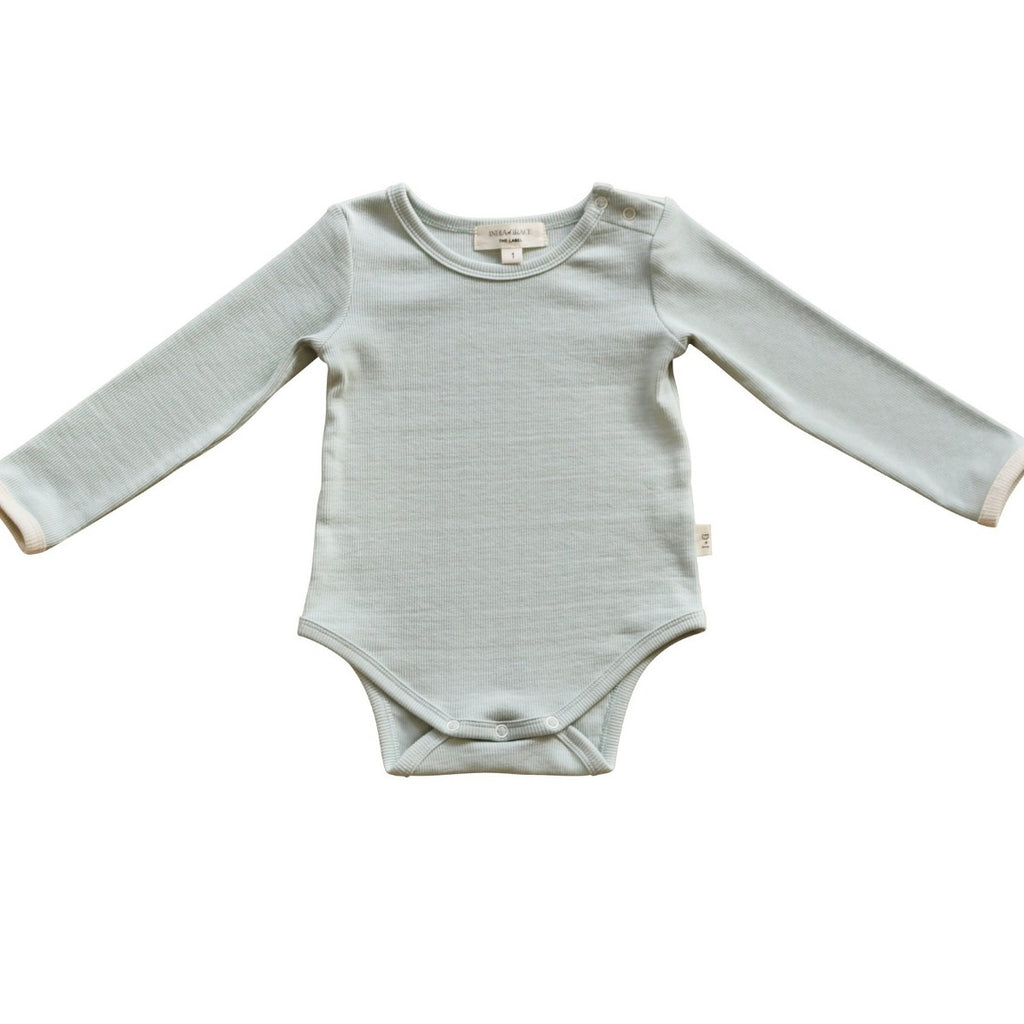US stockist of India + Grace The Label's gender neutral, dusty sage long sleeved ribbed cotton bodysuit.  Features crotch snap.