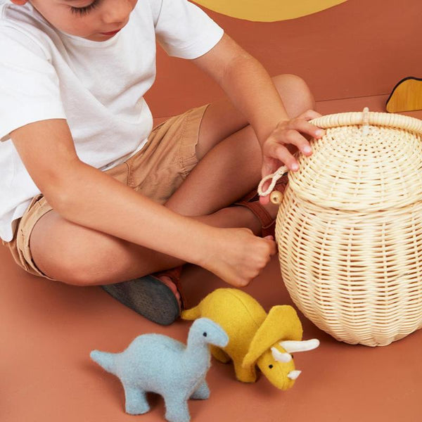 US stockist of Olli Ella's handmade rattan egg basket.  Opens at top and features a handle on top.