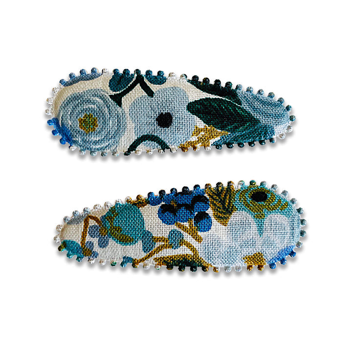 US stockist of Josie Joan's set of two "Little Elenor" fabric baby hair clips.