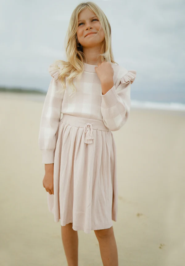 US stockist of Miann & Co's Frill Knit Sweater in Ballet Pink Gingham