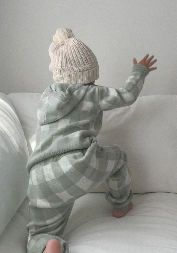 US stockist of Miann & Co's Knit Baby Jogger Pants in Whisper Green Gingham