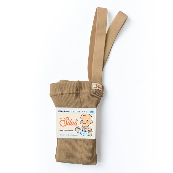 US stockist of Silly Silas gender neutral retro ribbed footed tights in light brown.  Made from 100% cotton and featuring braces.