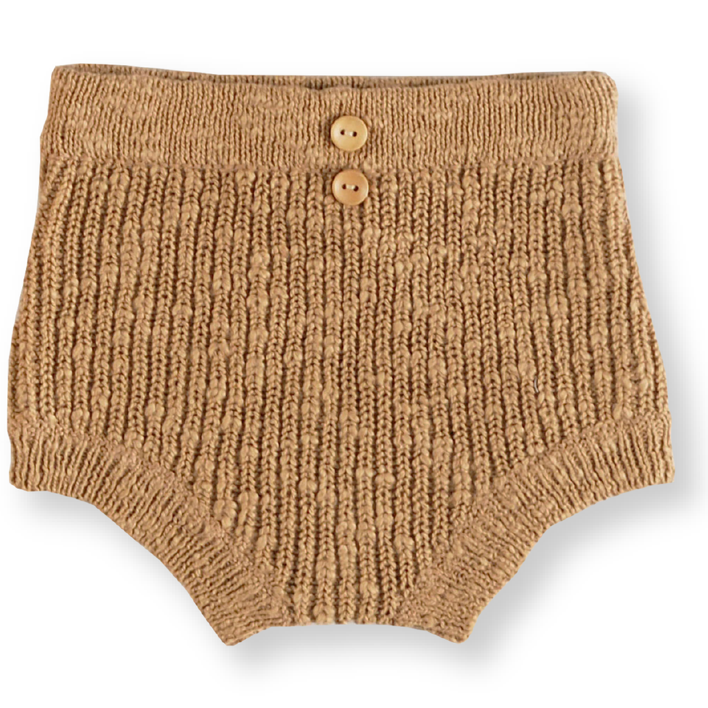US stockist of Grown Clothing's gender neutral chunky knit rib bloomers in warm brown. Made from 100% cotton with an elastic waistband and two mock wooden buttons.