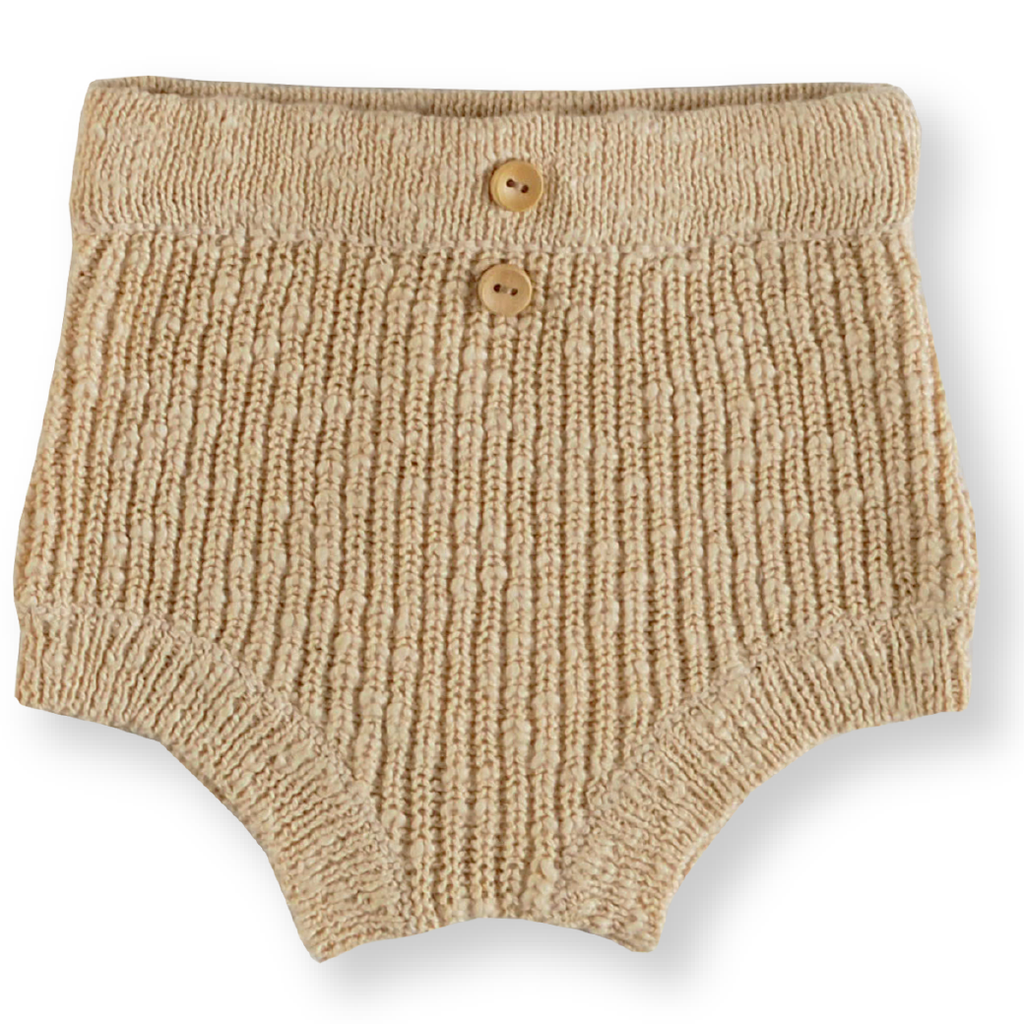 US stockist of Grown Clothing's gender neutral chunky knit rib bloomers in tan. Made from 100% cotton with an elastic waistband and two mock wooden buttons.