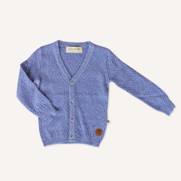 US stockist of My Brother John's blue Graham Lazybones cardigan.  Made from soft, lightweight cotton with tortise shell look buttons.