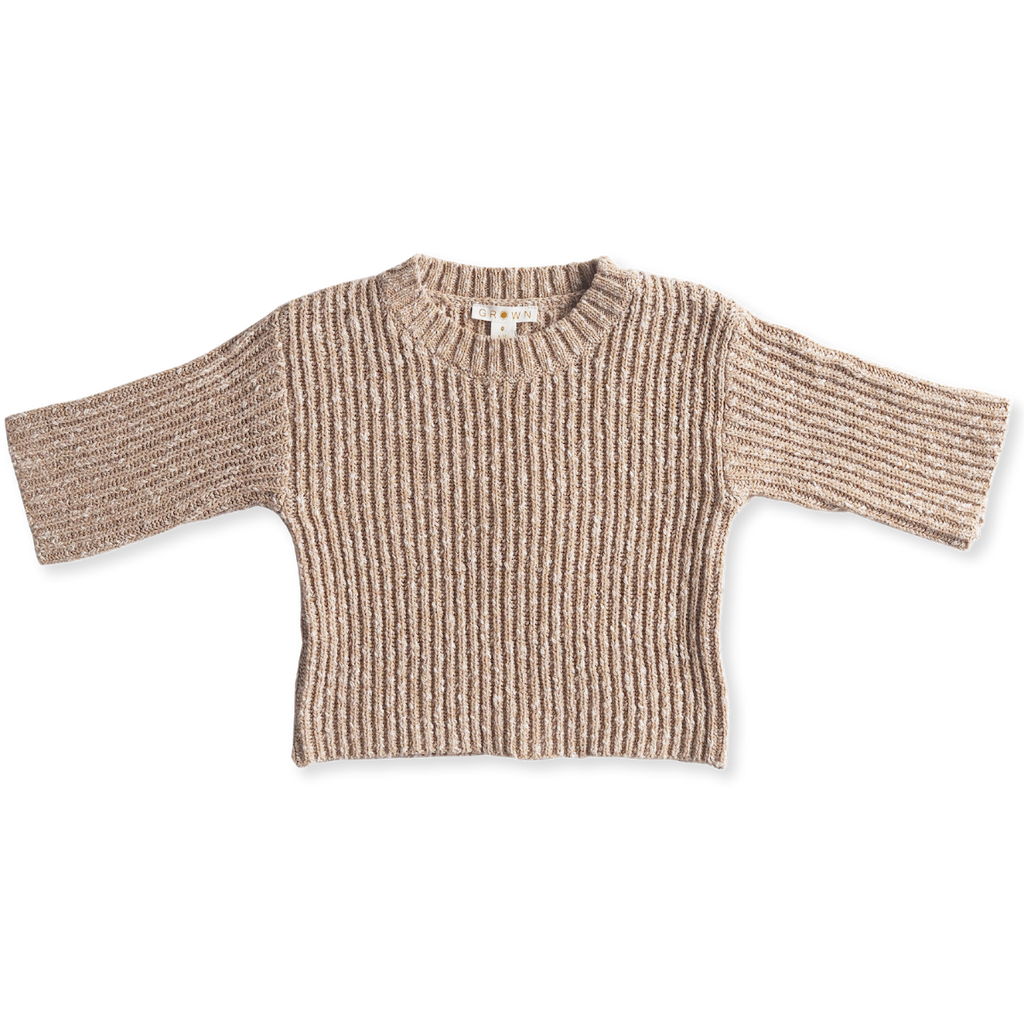 US stockist of Grown Clothing's gender neutral, Ecru  rib chunky knit sweater.  Features a drop shoulder and made from 100% cotton.