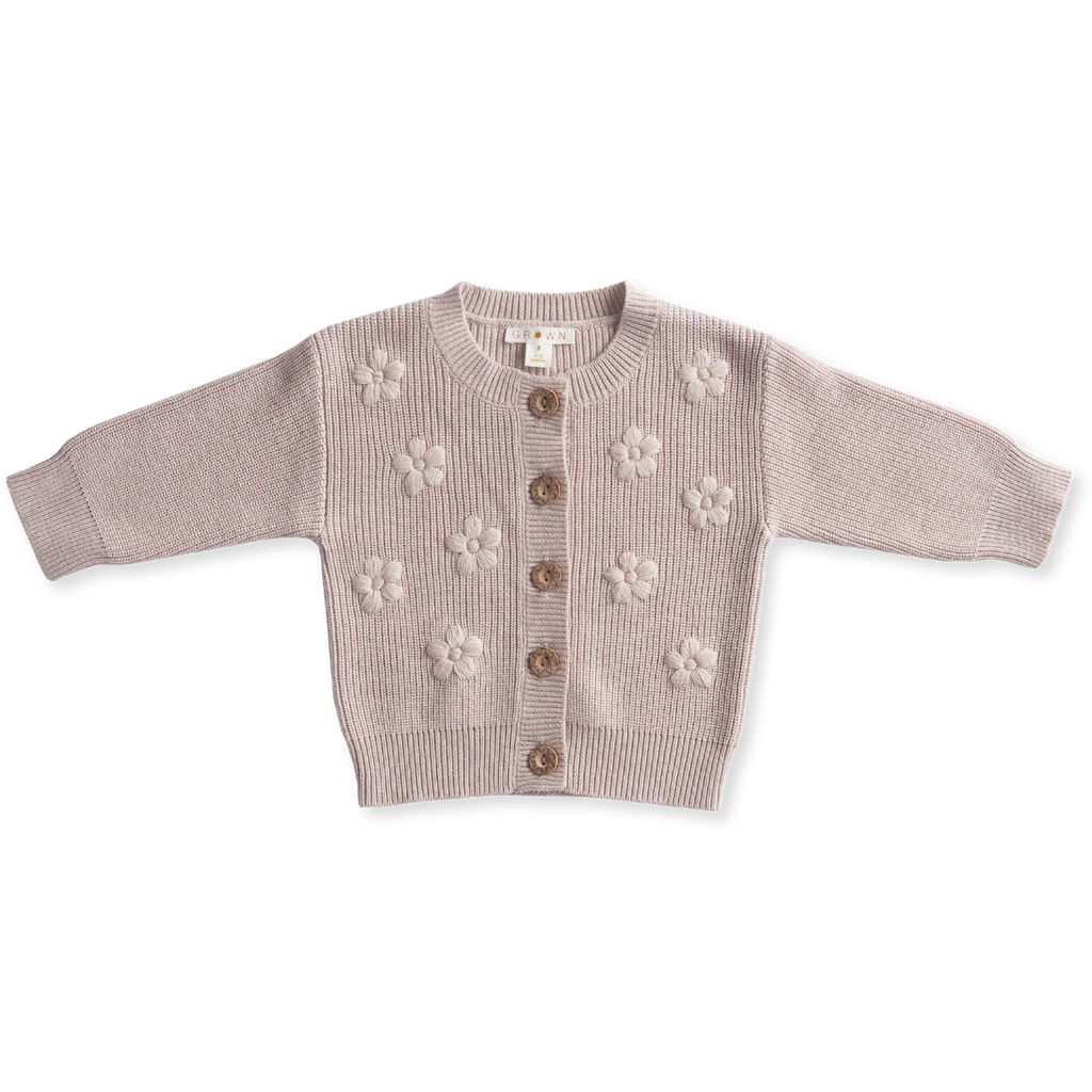 US stockist of Grown Clothing's Ribbed Flower Cardigan in Violet Marle.  Features beautiful embroidered flowers on front.