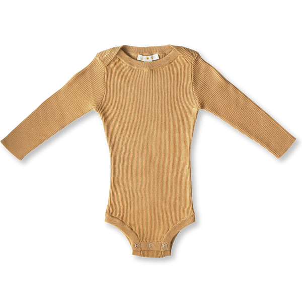 US stockist of Grown Clothing's gender neutral, organic cotton ribbed essential bodysuit in Buttermilk.