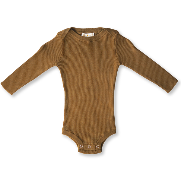 US stockist of Grown Clothing's gender neutral, organic cotton ribbed essential bodysuit in Moss.