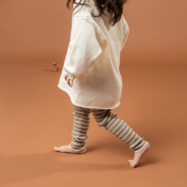 US stockist of Grown Clothing's gender neutral, organic cotton Mocha Marle striped leggings.
