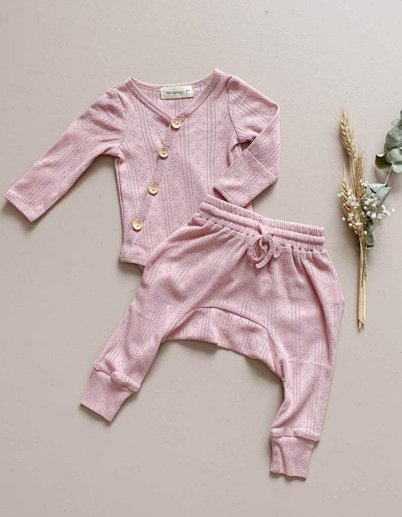 US stockist of Two Darlings Rose Pink Pointelle Rib Cotton Stretch Bodysuit
