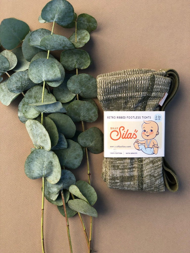 US stockist of Silly Silas' Cotton Footless tights in Creamy Olive.