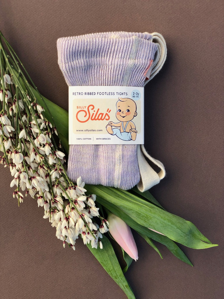 US stockist of Silly Silas' Cotton Footless tights in Creamy Lavender.