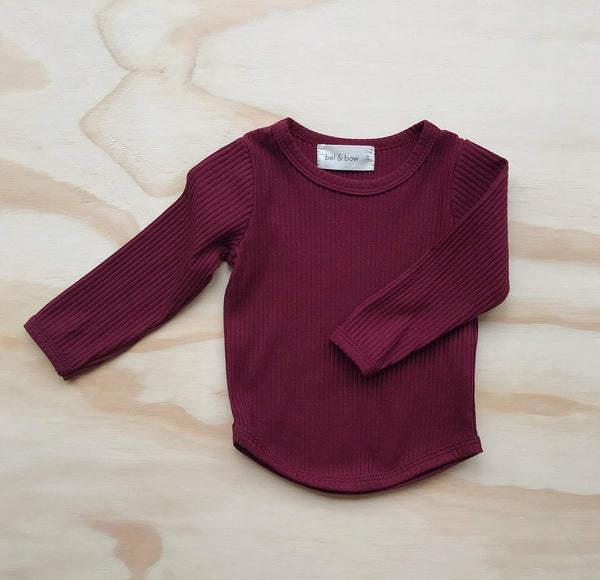 US stockist of Bel & Bow's berry long sleeve ribbed cotton top with curved hem.
