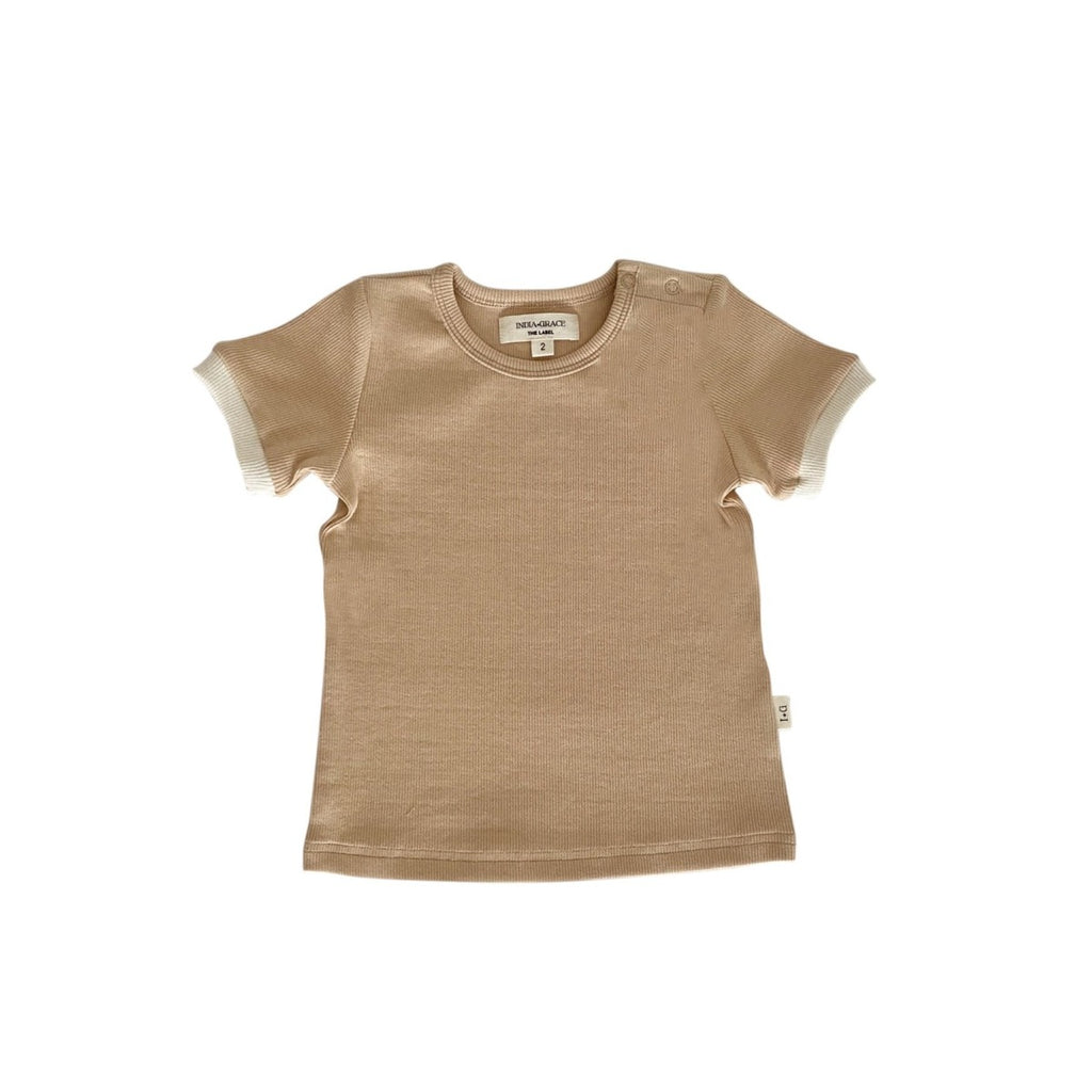US stockist of India & Grace's short sleeve Hazelnut t-shirt.  Made from soft ribbed cotton with cream cuffs.