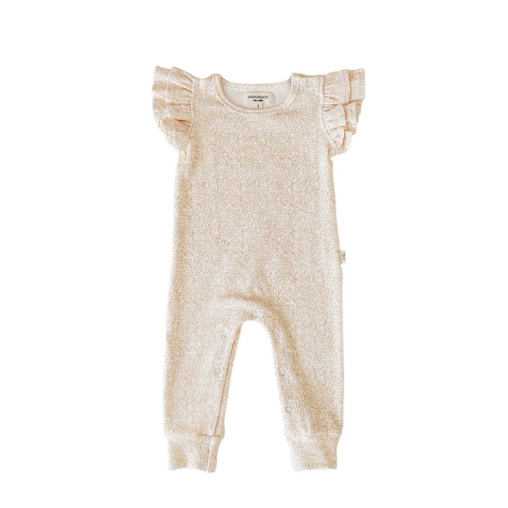 US stockist of India & Grace's short sleeve Honey Floral Ruffle Romper, made from soft ribbed cotton.  Features double ruffle sleeves and snaps at crotch.