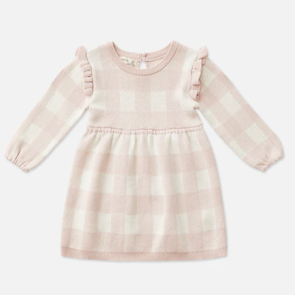 US stockist of Miann & Co's Frill Knit Dress in Ballet Pink Gingham