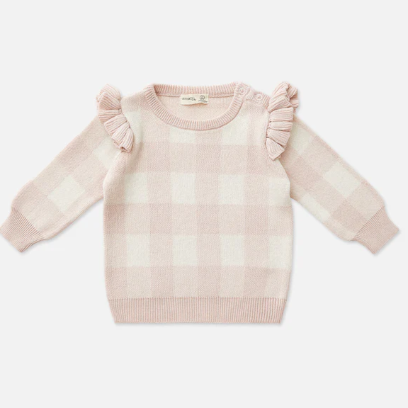 US stockist of Miann & Co's Frill Knit Baby Sweater in Ballet Pink Gingham