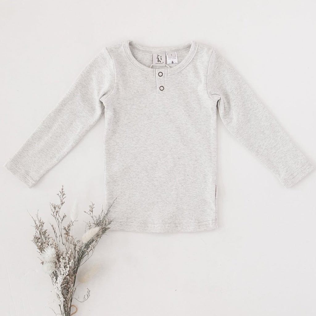US stockist of Karibou Kids gender neutral, Marle Grey Willow ribbed long sleeve top in the loungewear edition.