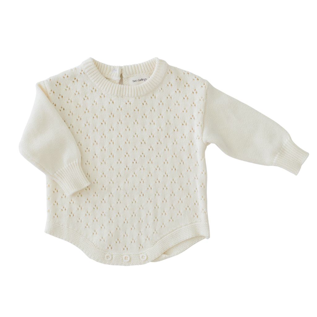 US stockist of Two Darling's long sleeve, Milk knit romper.