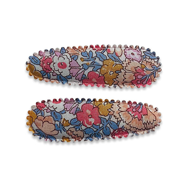 US stockist of Josie Joan's set of two "Little Amelia" fabric snap baby hair clips.