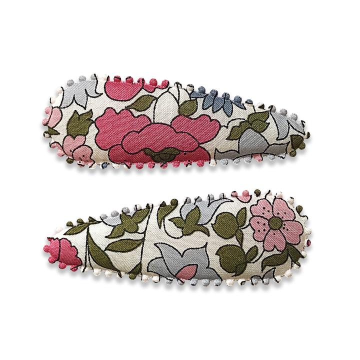 US stockist of Josie Joan's Lulu hair clip set. Gorgeous white fabric with pink and blue flowers.