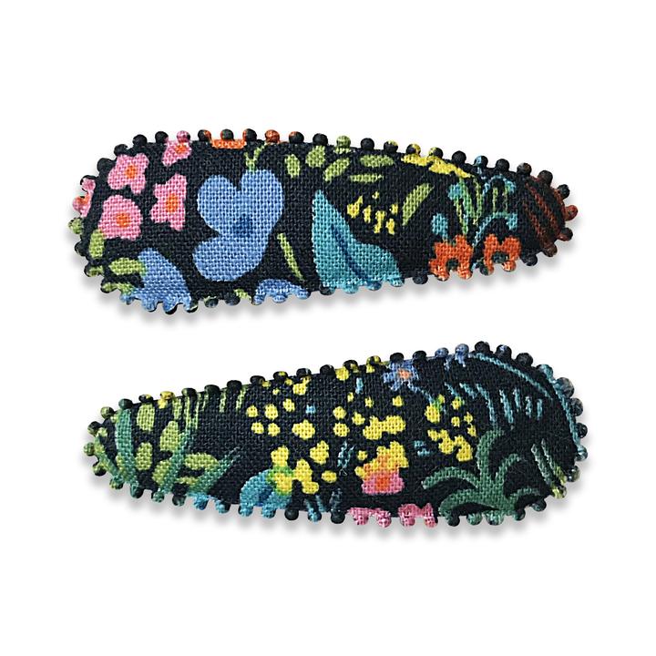 US stockist of Josie Joan's Maria hair clip set. Gorgeous dark fabric with multicolor flowers.