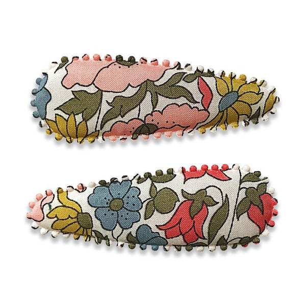 US stockist of Josie Joan's Maureen hair clip set. Gorgeous cream fabric with blue, pink, red or yellow flowers. 
