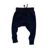 US stockist of Two Darling's gender neutral, midnight blue bamboo/cotton harem pants.  Features a functional drawstring.