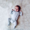 Stockist of Bonsie's rayon blend mist light grey footie.  Top section has velcro wrap body which can be undone for skin to skin contact.  Elastic waist that can be pulled down for easy diaper changes. 