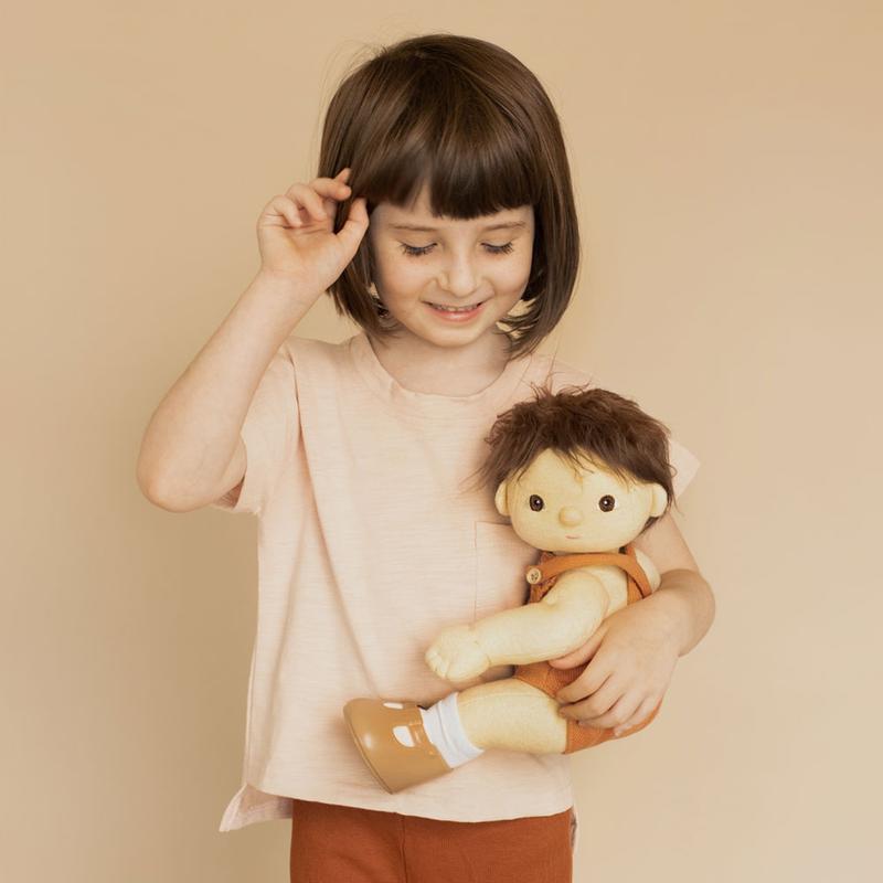 US stockist of gender neutral, brown haired, brown eyed Olli Ella peanut dinkum doll.  
