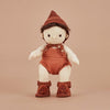 US stockist of Olli Ella's Dinkum Doll Knit Umber Set.  Features cotton knit bonnet and hard sole knit booties with pom poms on front. 