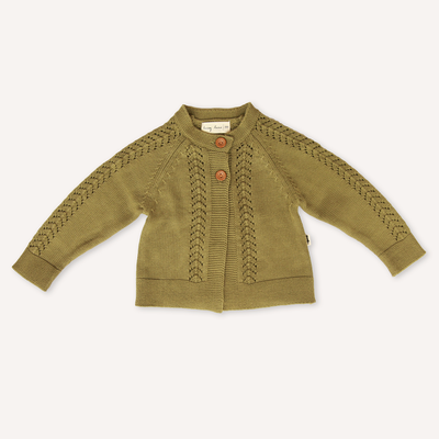 US stockist of Lacey Lane's olive botanica cardigan.  Features 2 coconut buttons and beautiful openwork detailing on the front, back and sleeves.  