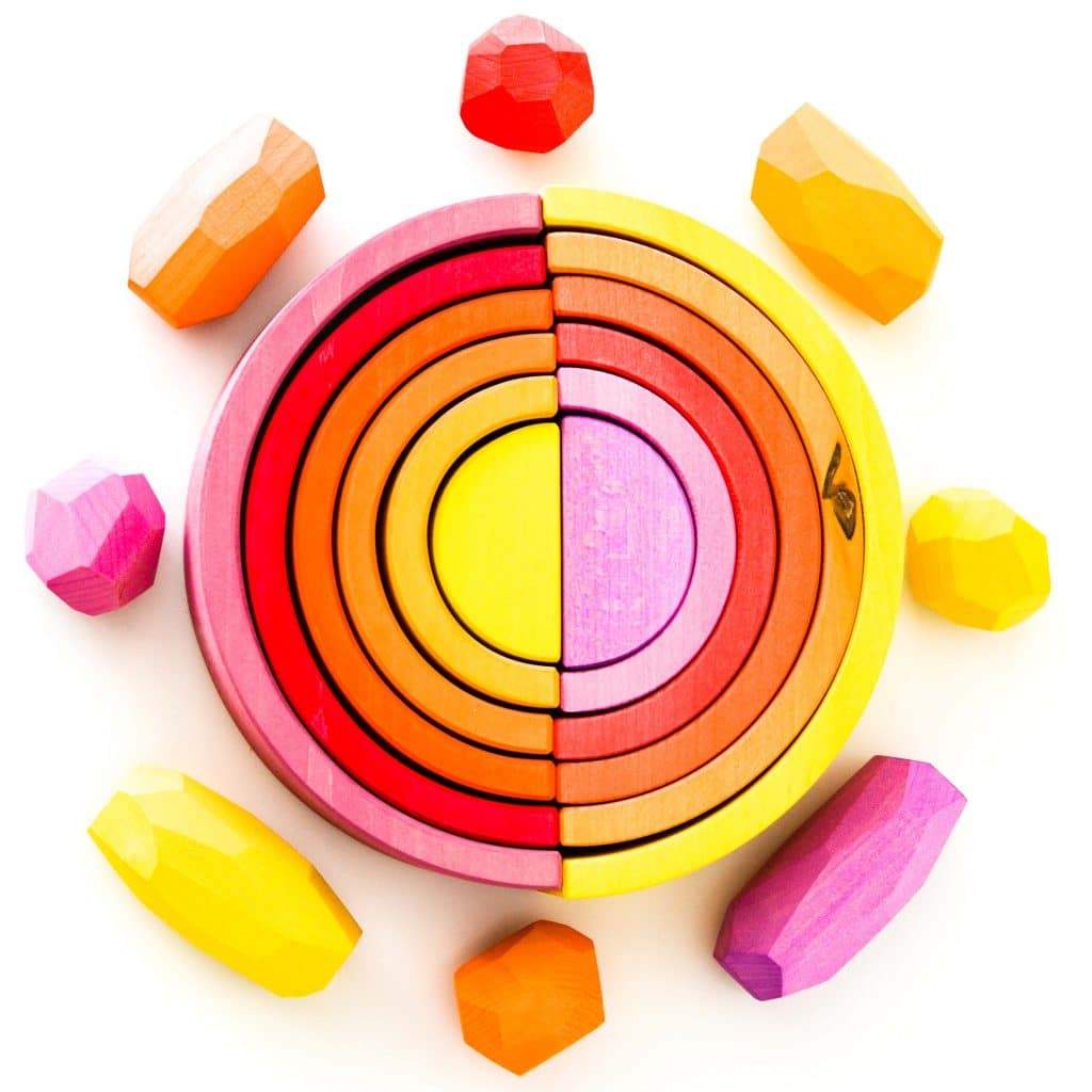 US stockist of Ocamora's 6pc Rainbow in yellow. Handmade from sustainable Linden wood in shades of yellow, orange, red and purple.