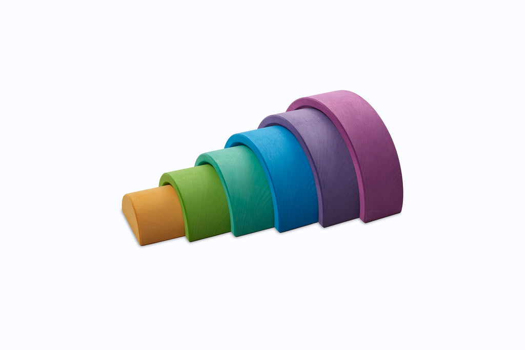 US stockist of Ocamora's 6pc Rainbow in purple. Handmade from sustainable Linden wood in shades of purple, green, blue and yellow.
