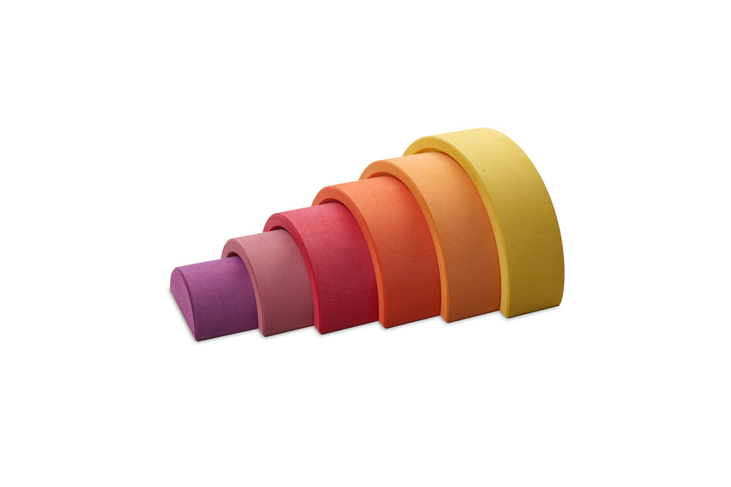 US stockist of Ocamora's 6pc Rainbow in yellow.  Handmade from sustainable Linden wood in shades of yellow, orange, red and purple.