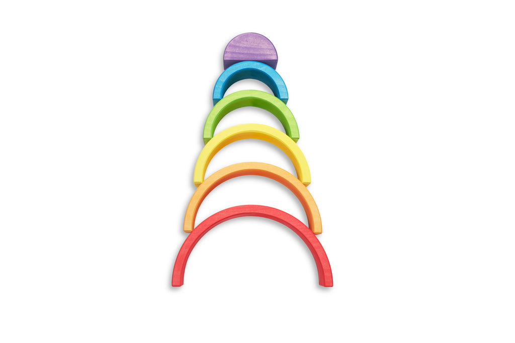 US stockist of Ocamora's 6pc Rainbow in red. Handmade from sustainable Linden wood in shades of red, orange, yellow, green, blue and purple.